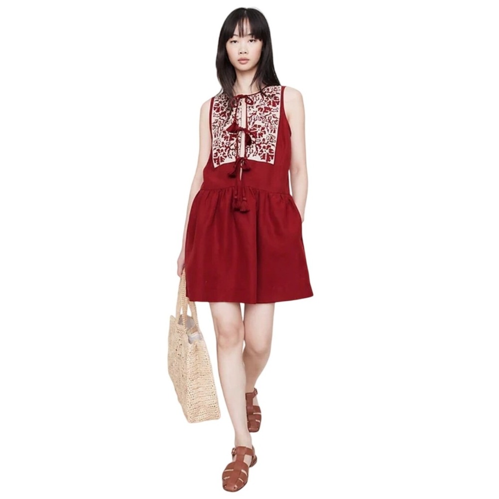 Banana Republic Red Currant Tencel Linen Blend Embroidered Tassel Tie Dress M